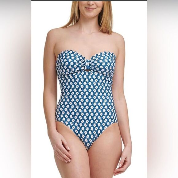 Tommy Hilfiger Blue Raspberry Floral Bandeau One-piece Swimsuit Size 16 NWT - Picture 1 of 9